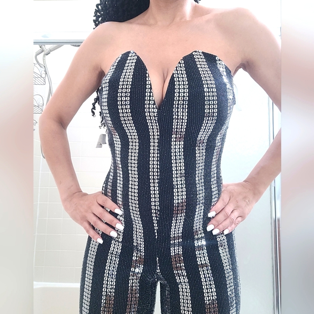 NWT Black and Silver Strapless Sequin Jumpsuit